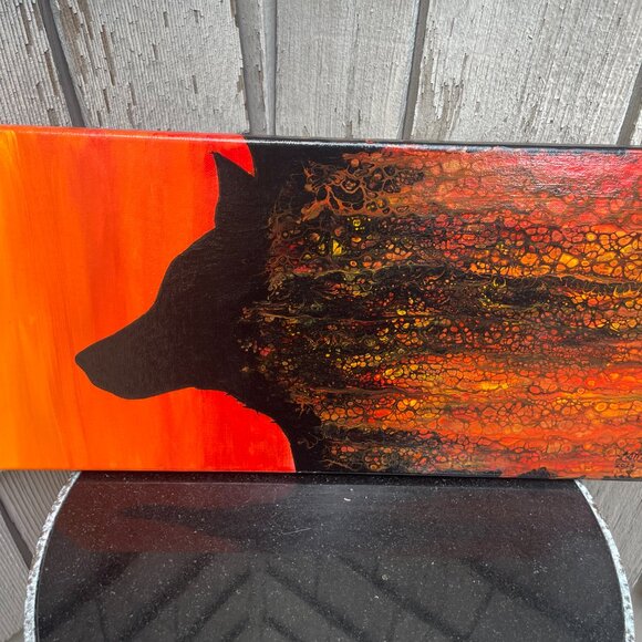 Wolf Silhouette Acrylic Pour Painting Orange Signed LAM - Picture 2 of 5
